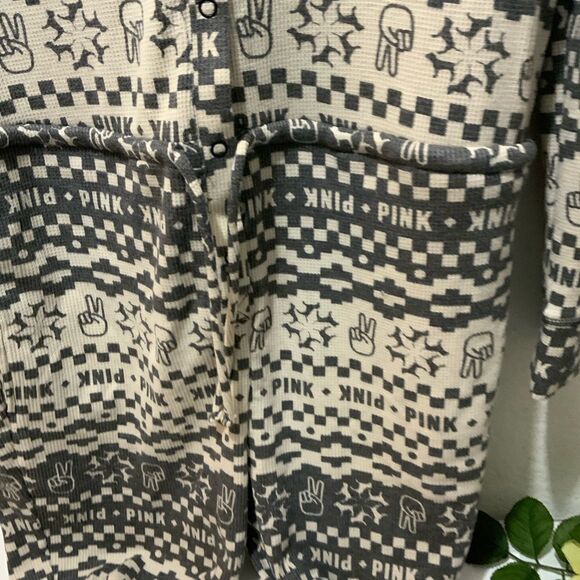 NWT Victoria's Secret PINK Thermal Sleep One Piece Pajama Black Fair Isle - Picture 11 of 13